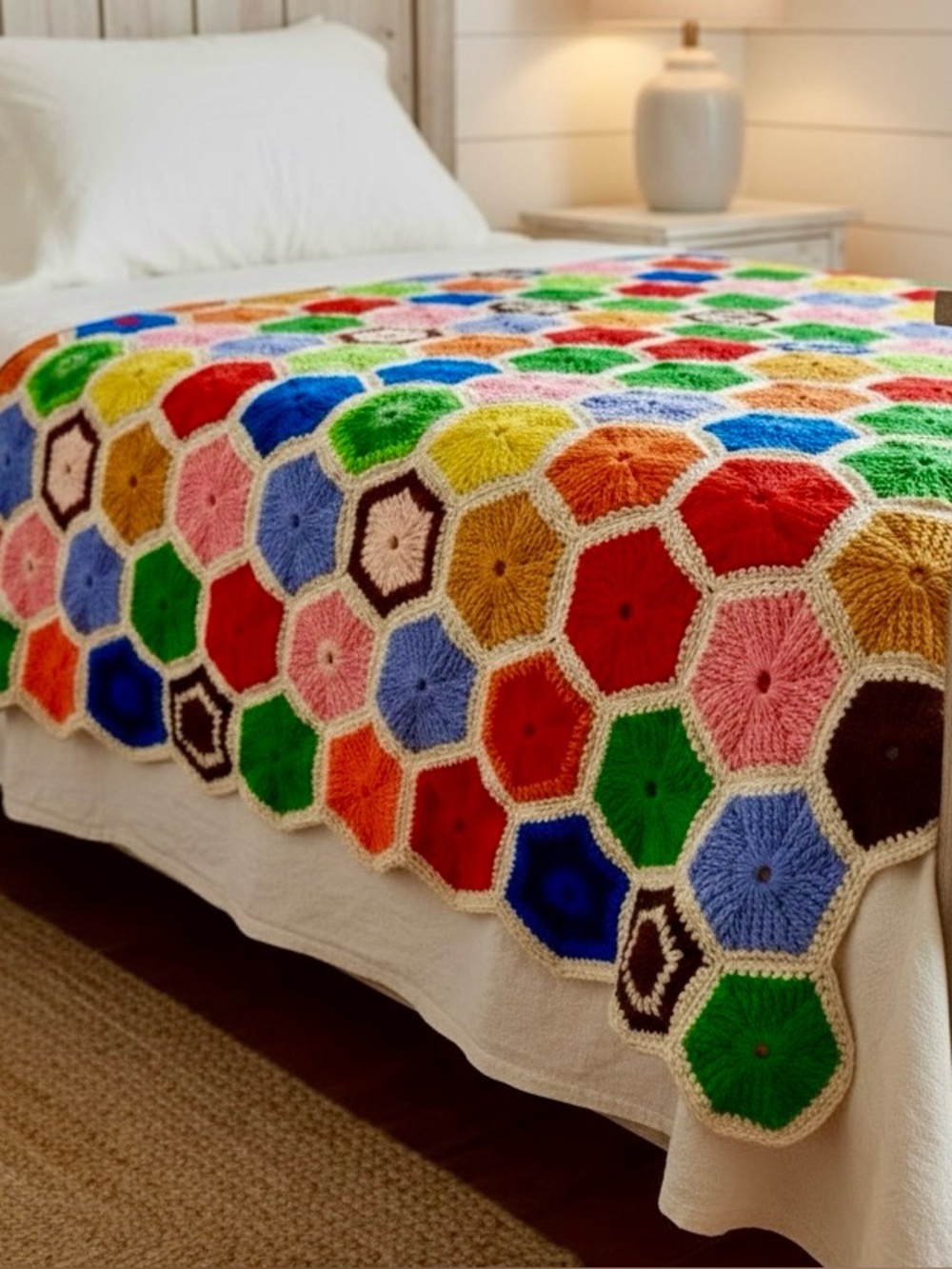 Vibrant Vintage Handmade Crocheted Hexagon Afghan Lap Throw